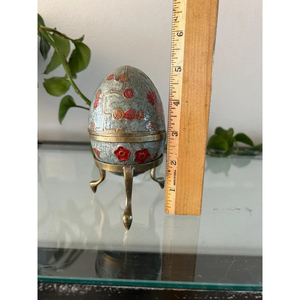 Floral Cloisonne Egg Trinket Box with Brass Stand